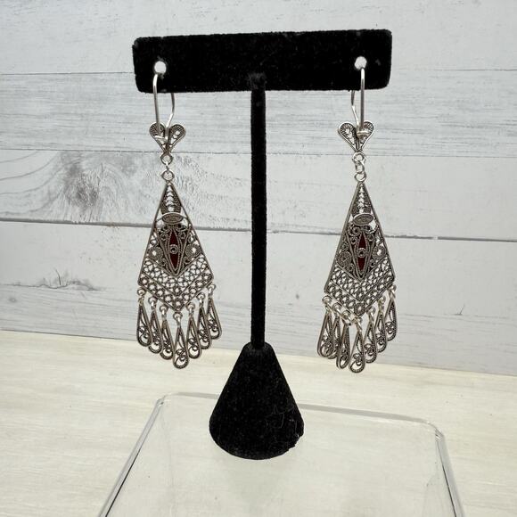 DGS Turkey 925 Sterling Silver Filigree Carnelian Dangle Earrings 16.4 grams - Picture 10 of 13